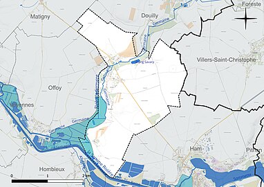 Carte en couleur présentant le réseau hydrographique de la commune