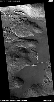 Wide view of exhumed craters, as seen by HiRISE under HiWish program