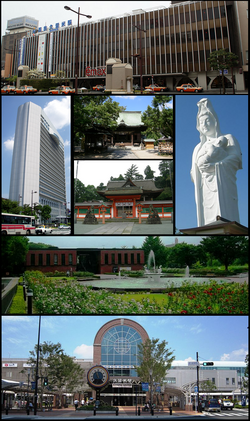 Dari atas kiri: Stesen Nishitetsu Kurume, Dewan Bandar, Tokong Suitengu, Tokong Kora-taisha, Tokong Narita-san, Pusat Budaya Ishibashi, Stesen JR Kurume
