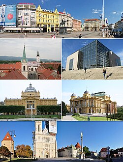 Ban Jelačić Square, Upper Town, National and University Library, Art Pavilion, National Theatre and Kaptol.