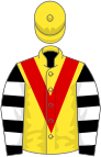 Yellow, red sash, black and white hooped sleeves, red cap