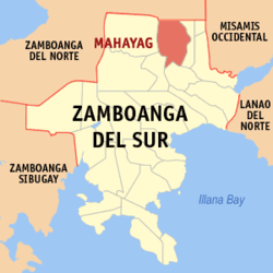 Mapa ng Zamboanga del Sur na nagpapakita sa lokasyon ng Mahayag.