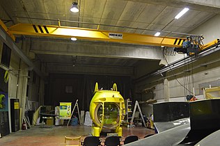 An EOT overhead crane is used to move and build this submersible, the Ictineu 3, in a warehouse of Sant Feliu de Llobregat.