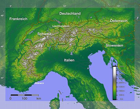 Relief der Alpen mit politischen Grenzen