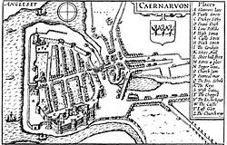 Caernarfon, un o fwrdeistrefi enwocaf Cymru, map o 1610 yn debyg i'r hen fwrdeistref ganoloesol