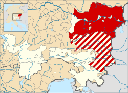 Zemljevid Vojvodine Avstrije v 13. stoletju: prava Avstrija prikazana s temnordečo, Vojvodina Štajerska, v avstrijski posesti od 1192, v rdeče črtani.