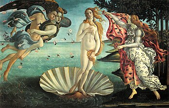 La Naissance de Vénus, allégorie de Sandro Botticelli peinte vers 1485 selon la technique de la tempera. (définition réelle 2 435 × 1 560)