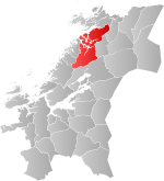 Mapa do condado de Trøndelag com Namsos em destaque.
