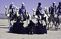 Dromedary jockeys about to encircle singing women and children, November 1th independence celebration, Tamanrasset