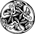 Certains entrelacs du Haut Moyen Âge celtiques et germaniques sont uniquement composés de figures animales (ici chien ou loup).