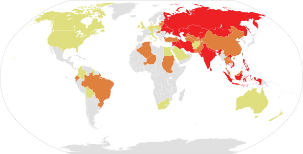 Casos de diftèria informats per l'OMS entre 1997 i 2006: