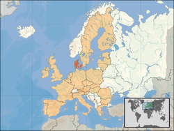 Location of  Denmak  (orange) – in Europe  (camel & white) – in the European Union  (camel)                  [Legend]
