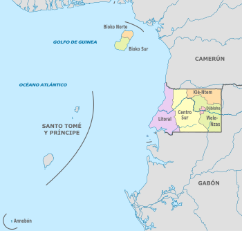 Un mapa de Guinea Ecuatorial en el que se puede hacer clic y que muestra sus dos regiones y ocho provincias. La nación insular de Santo Tomé y Príncipe no forma parte de Guinea Ecuatorial.
