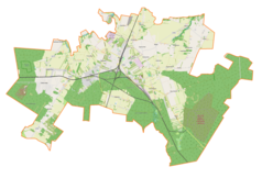 Mapa konturowa gminy Koluszki, blisko centrum u góry znajduje się punkt z opisem „Koluszki”