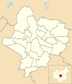 Mapa konturowa Leicesteru, w centrum znajduje się punkt z opisem „Uniwersytet De Montfort”