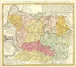 An old map with rich map legends and many named places. The map shows the divisions of the Grand Duchy of Lithuania in different colours.