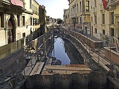Rio San Trovaso (Venice). Seen from the bridge "Ponte de le Maravegie" .Bank stabilization work of 2004.
