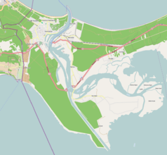 Mapa konturowa Świnoujścia, blisko centrum na dole znajduje się punkt z opisem „Karsibór”