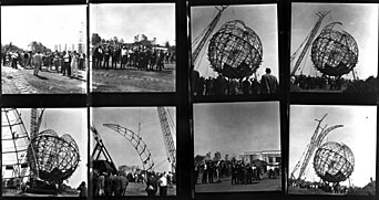 A set of eight photographs showing the Unisphere under construction in the 1960s<