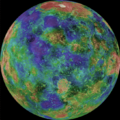 Venusa radarmapo kun malveraj koloroj, de la usona Magellan. La ruĝa kaj flava areo norde estas Ishtar Terra.