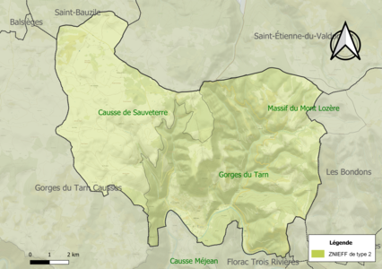 Carte des ZNIEFF de type 2 sur la commune.