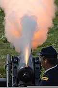 A Union soldier fires a cannon at Cemetery Ridge during a re-enactment of Pickett's Charge during the 150th anniversary of the Battle of Gettysburg July 7, 2013, in Gettysburg, Penn 130707-D-DB155-008.jpg