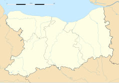 Mapa konturowa Calvados, u góry nieco na lewo znajduje się punkt z opisem „Bazenville”