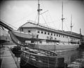 USS Constitution, today revered as "Old Ironsides", languished dismasted and boarded over as a barracks ship at the Charleston navy yard in Boston c. 1905.