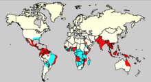 แผนที่โลกแสดงประเทศที่พบยุง Aedes เช่นเดียวกับประเทซที่มีรายงาน Aedes และไข้เด็งกี