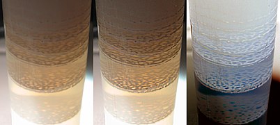 Liesegang rings of Magnesium hydroxide in Agar gel (montage of three retouched close-up images).jpg