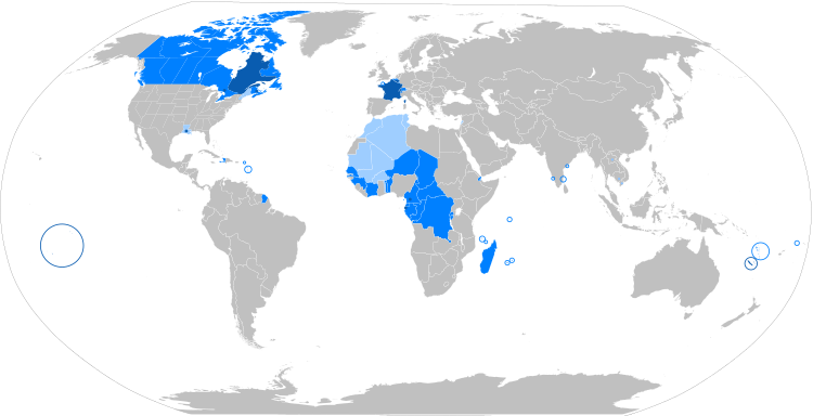 El francès al món: Blau fosc: llengua materna; Blau: llenguatge administratiu; Blau clar: llengua de cultura; Verd: minories en francès