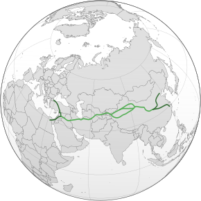 Mapa ng Eurasya na may ginuhit na linya para sa mga ruta sa lupa