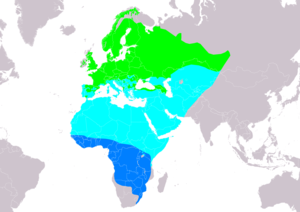 Natura arealo ﻿ Reproduktaj teritorioj ﻿ Migrado ﻿ Vintrejoj Kompilita de "BirdLife International and Handbook of the Birds of the World (2016) 2009."