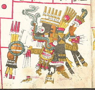Tláloc descrito en el Códice Borgia, en atuendo de guerra. Portando un Atlátl, Chimalli y un Ichcahuipilli de cuerpo completo (armadura flexible).