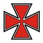 an insignia in the shape of a red maltese cross with a black outline