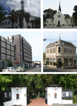 Top left: Yusuffia Mosque in Mosque Road. Top right: Dutch Reformed Church in Wynberg. Center left: Wynberg's Apartheid era police station. Center right: Victorian building on Wolfe Street. Bottom: Maynardville Park.