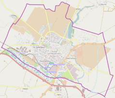 Mapa konturowa Środy Wielkopolskiej, w centrum znajduje się punkt z opisem „Bazylika kolegiacka Wniebowzięcia Najświętszej Maryi Panny”