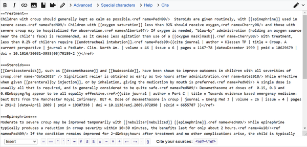 Text in a large rectangle next to a scrollbar. It starts with a line "==Editing==", then a line "Editing most Wikipedia pages is easy. Simply click on the edit this page tab at the top...", and then about 30 more lines.