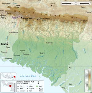 Map of the Lorentz National Park, by user:Sémhur (translated by Elekhh)