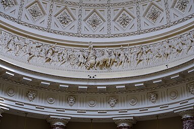 Neoclassical Doric frieze with circular motifs in the metopes that alternate with mascarons, in the Marble Saloon of the Stowe House, Stowe, Buckinghamshire, UK, probably by Vincenzo Valdrè, 1775–1788