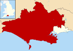 The Dorset unitary authority area within the eponymous ceremonial county. To the east is the Bournemouth, Christchurch and Poole unitary authority area.