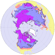 Nordhemisfera permafrost (konstante frosta grundo) purpure ĉirkaŭ la Arkta Oceano.