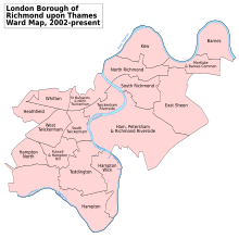 Richmond upon Thames London UK labelled ward map 2002.svg