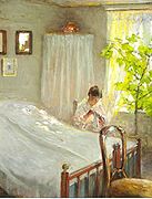 Vrouw in zonverlichte kamer, ca. 1900