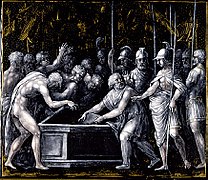 Alexandre fait placer l'Iliade d'Homère dans un coffre très précieux par Jean Pénicaud III (fin xvie, musée d'art de Saint-Louis).