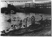 Children swimming nude in the East River, New York City (c.1908)