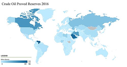 La imagen muestra mediante un "mapa de calor" (Heat Map en inglés) las reservas internacionales probadas de petróleo de 2016, expresado en miles de millones de barriles, de acuerdo a la información provista por la Administración de Información Energética de Estados Unidos. Los tres principales países con reservas probadas son Venezuela, Arabia Saudita y México.