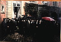 Le 20 juin 1789, les députés du Tiers-État attendent qu'on les laisse entrer, sous la pluie, devant l'hôtel des Menus-Plaisirs.
