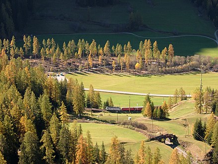 Southbound train heading for God loop tunnel (view from footpath to Piz Darlux) Südwärts fahrender Zug auf dem Weg zum God Kehrtunnel (Blick vom Fussweg zum Piz Darlux)