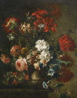 Pavots, lis, roses blanches et mousseuses, branches de capucines et liserons dans un vase en pierre, huile sur toile, 76,5 x 63,5 cm., collection particulière.